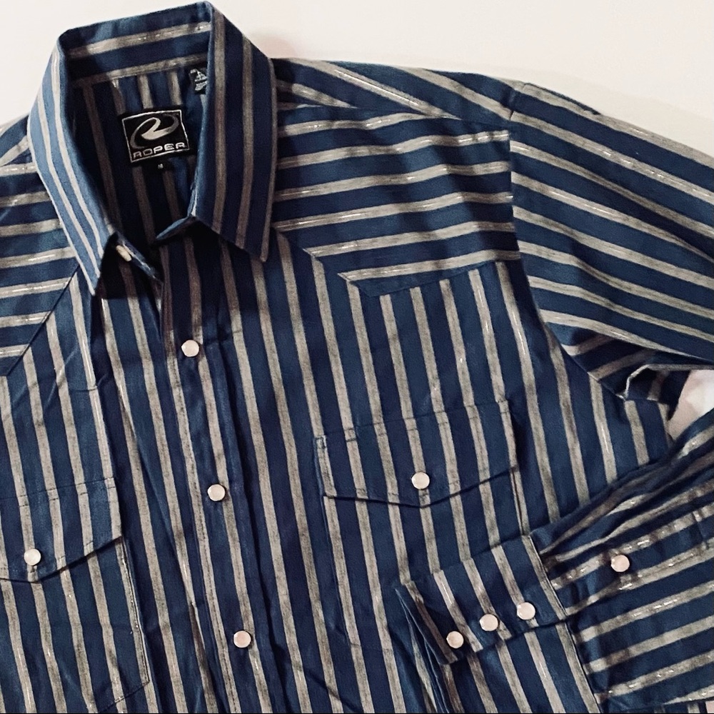 EUC! VINTAGE ROPER WESTERN SNAP SHIRT Blue STRIPE Silver METALLIC PINSTRIPE MED